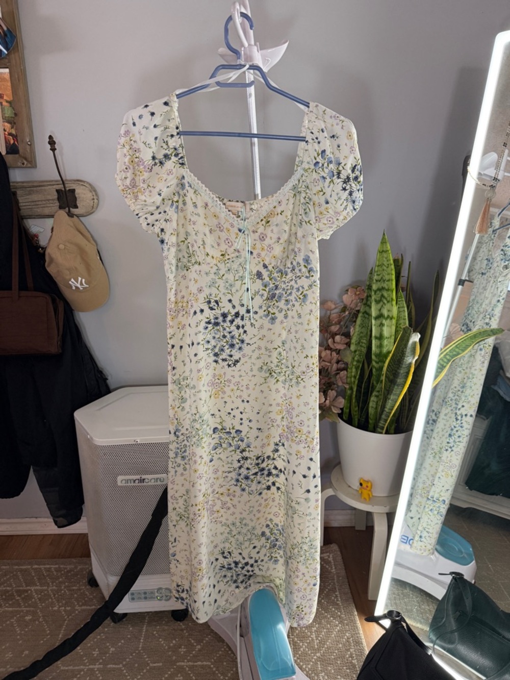 Monteau Cream Midi Dress with Blue & Green Floral Print